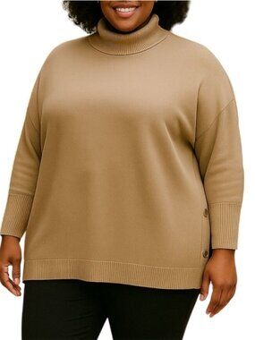 Alfani Womens 3X Sweater Turtleneck Poncho Taupe With Gold Button Accents